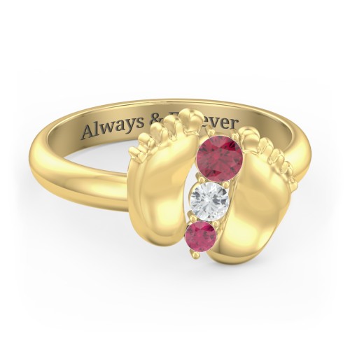 Baby Feet Birthstone Ring – 10K Yellow Gold with Ruby and Cubic Zirconia