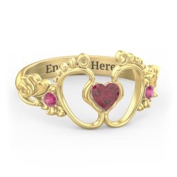 Baby Footprints Ring with Heart Cut Gemstone and Accents