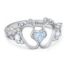 Baby Footprints Ring with Heart Cut Gemstone and Accents in 925 Sterling Silver with Aquamarine