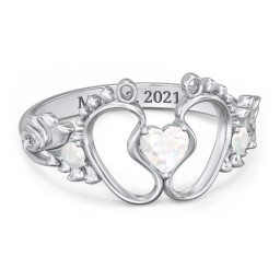Baby Footprints Ring with Heart Cut Gemstone and Accents