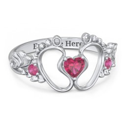 Baby Footprints Ring with Heart Cut Gemstone and Accents in 925 Sterling Silver with Ruby