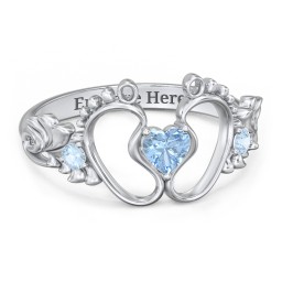 Baby Footprints Ring with Heart Cut Gemstone and Accents in 925 Sterling Silver with Blue Topaz