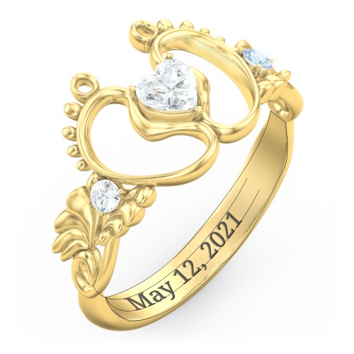 Baby Footprints Ring with Heart Cut Gemstone and Accents – 10K Yellow Gold with Diamond and Blue Topaz