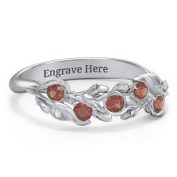 Organic Leaf Five Stone Family Ring in 925 Sterling Silver with Garnet