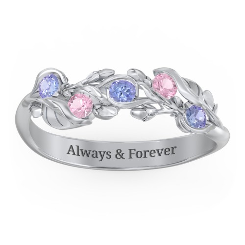 Organic Leaf Five Stone Family Ring – Sterling Silver with Tanzanite and Pink Tourmaline