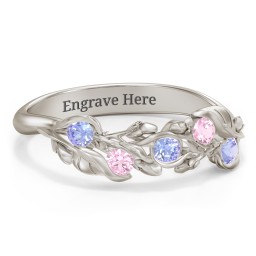 Organic Leaf Five Stone Family Ring in 10K Solid White Gold with Tanzanite and Pink Tourmaline