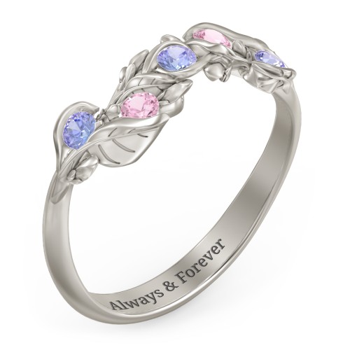 Organic Leaf Five Stone Family Ring – 10K White Gold with Tanzanite and Pink Tourmaline