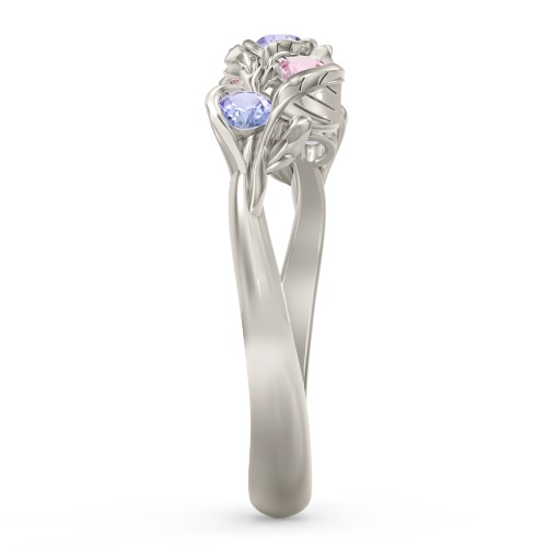 Organic Leaf Five Stone Family Ring – 10K White Gold with Tanzanite and Pink Tourmaline