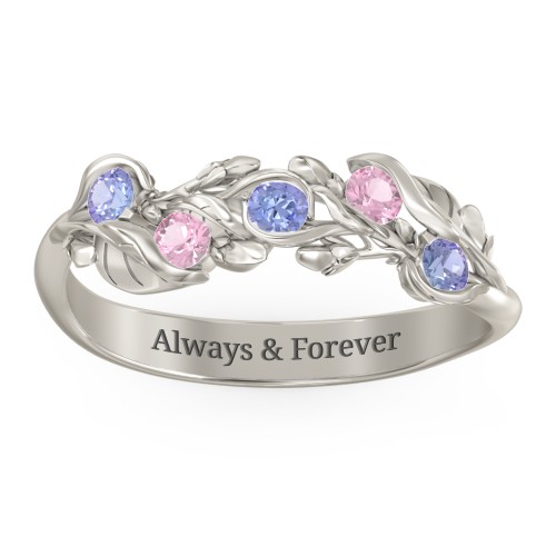 Organic Leaf Five Stone Family Ring – 10K White Gold with Tanzanite and Pink Tourmaline