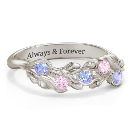Organic Leaf Five Stone Family Ring – 10K White Gold with Tanzanite and Pink Tourmaline