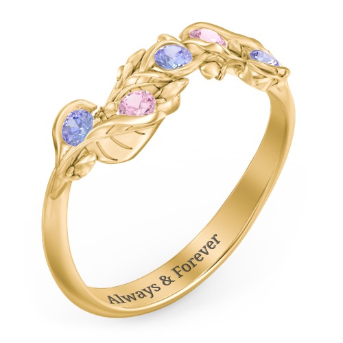 Organic Leaf Five Stone Family Ring – 10K Yellow Gold with Tanzanite and Pink Tourmaline