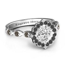 Vintage Glamour Ring With Accent Stones in 925 Sterling Silver with White Premium Zirconia, Black Premium Zirconia, and Smokey Quartz