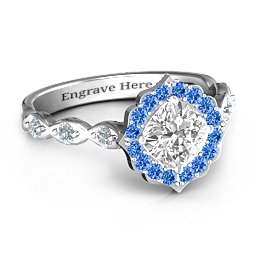 Vintage Glamour Ring With Accent Stones in 10K Solid White Gold with White Premium Zirconia, Fancy Blue Premium Zirconia, and Cubic Zirconia