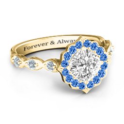 Vintage Glamour Ring With Accent Stones in 10K Solid Yellow Gold with White Premium Zirconia, Fancy Blue Premium Zirconia, and Cubic Zirconia