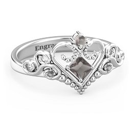 Fairytale Princess Tiara Ring in 925 Sterling Silver with Smokey Quartz and Black Premium Zirconia