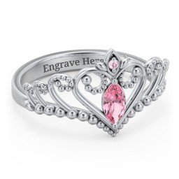 Heart Tiara Ring with Marquise Gemstone in 925 Sterling Silver with Pink Tourmaline, Fancy Pink Premium Zirconia, and Cubic Zirconia