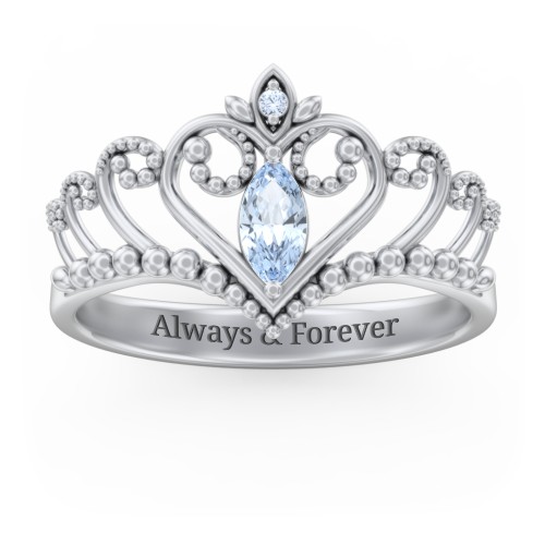 Heart Tiara Ring with Marquise Gemstone – Sterling Silver with Aquamarine and Fancy Blue Premium Zirconia