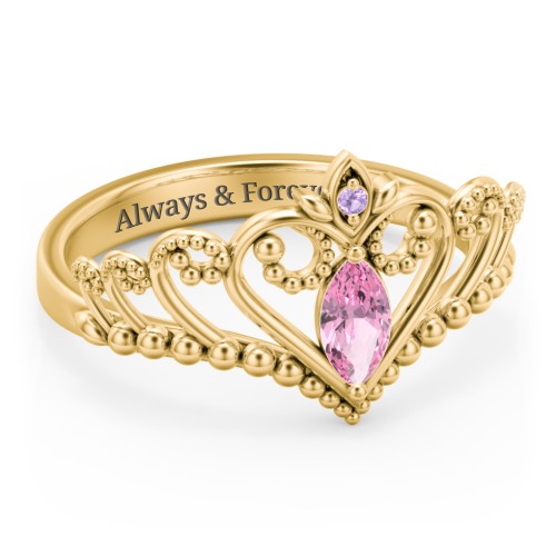 Heart Tiara Ring with Marquise Gemstone – 10K Yellow Gold with Pink Tourmaline and Amethyst Premium Zirconia