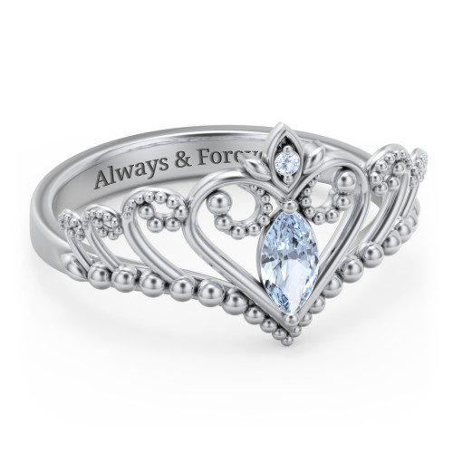 Heart Tiara Ring with Marquise Gemstone – Sterling Silver with Aquamarine and Fancy Blue Premium Zirconia