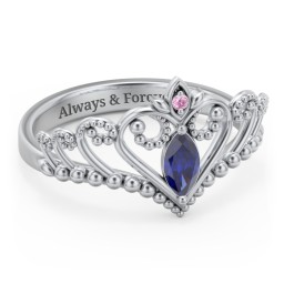 Heart Tiara Ring with Marquise Gemstone in 925 Sterling Silver with Blue Sapphire, Red Premium Zirconia, and Cubic Zirconia