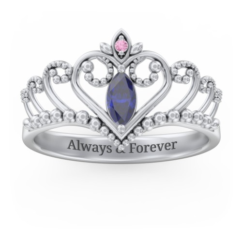 Heart Tiara Ring with Marquise Gemstone – Sterling Silver with Blue Sapphire and Red Premium Zirconia