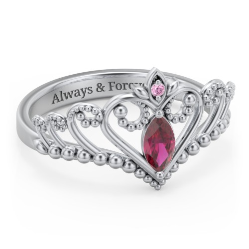 Heart Tiara Ring with Marquise Gemstone – Sterling Silver with Ruby and Red Premium Zirconia