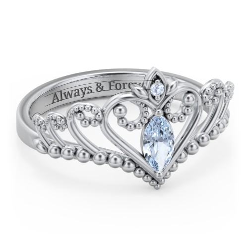 Heart Tiara Ring with Marquise Gemstone – Sterling Silver with Aquamarine and Fancy Blue Premium Zirconia