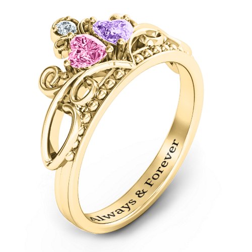 Ever Enchanted Double Heart Tiara Ring – 14K Yellow Gold with Pink Tourmaline, Amethyst, and Cubic Zirconia
