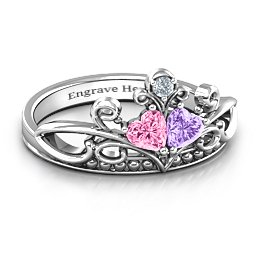 Ever Enchanted Double Heart Tiara Ring in 10K Solid White Gold with Pink Tourmaline, Amethyst, and Cubic Zirconia