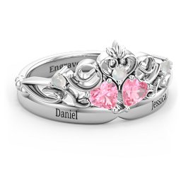 Engravable Double Heart Gemstone Tiara Ring with Accents