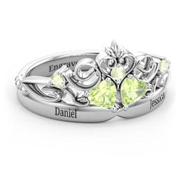 Engravable Double Heart Gemstone Tiara Ring with Accents