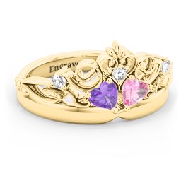 Engravable Double Heart Gemstone Tiara Ring with Accents