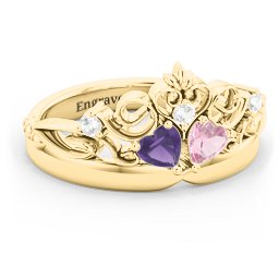 Engravable Double Heart Gemstone Tiara Ring with Accents in 14K Solid Yellow Gold with Amethyst, Pink Tourmaline, and Cubic Zirconia