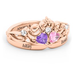 Engravable Double Heart Gemstone Tiara Ring with Accents