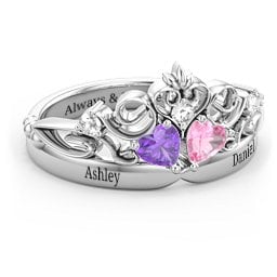 Engravable Double Heart Gemstone Tiara Ring with Accents