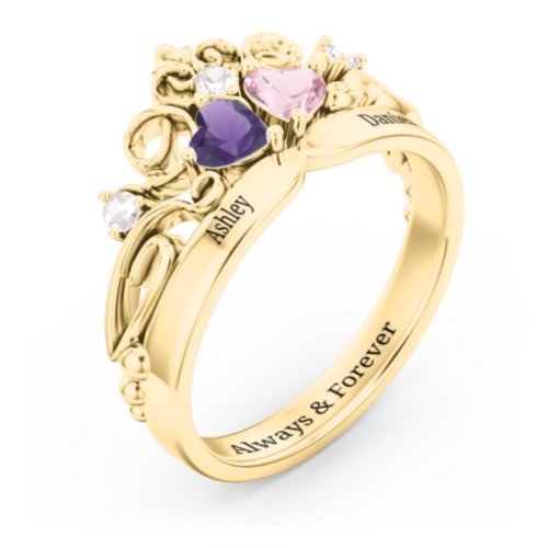 Engravable Double Heart Gemstone Tiara Ring with Accents – 14K Yellow Gold with Amethyst, Pink Tourmaline, and Cubic Zirconia