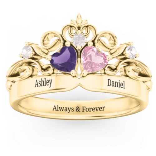 Engravable Double Heart Gemstone Tiara Ring with Accents – 14K Yellow Gold with Amethyst, Pink Tourmaline, and Cubic Zirconia