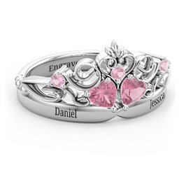 Engravable Double Heart Gemstone Tiara Ring with Accents in 925 Sterling Silver with Pink Tourmaline