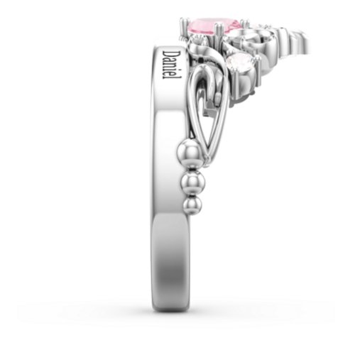 Engravable Double Heart Gemstone Tiara Ring with Accents – Sterling Silver with Amethyst, Pink Tourmaline, and Cubic Zirconia