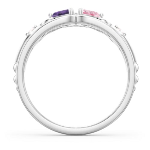 Engravable Double Heart Gemstone Tiara Ring with Accents – Sterling Silver with Amethyst, Pink Tourmaline, and Cubic Zirconia