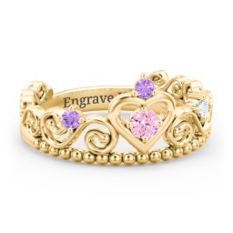 Multi Gemstone Tiara Ring with Scroll and Bead Detailing in 14K Solid Yellow Gold with Pink Tourmaline, Amethyst, and Cubic Zirconia