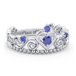 Multi Gemstone Tiara Ring with Scroll and Bead Detailing in 925 Sterling Silver with Blue Sapphire