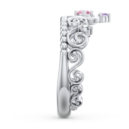 Multi Gemstone Tiara Ring with Scroll and Bead Detailing – Sterling Silver with Pink Tourmaline, Amethyst, and Cubic Zirconia