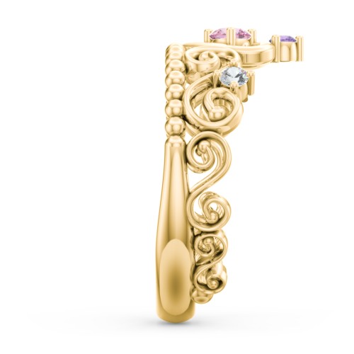Multi Gemstone Tiara Ring with Scroll and Bead Detailing – 10K Yellow Gold with Pink Tourmaline, Amethyst, and Cubic Zirconia