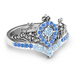 Queen Of My Heart Tiara Ring in 925 Sterling Silver with Aquamarine and Fancy Blue Premium Zirconia