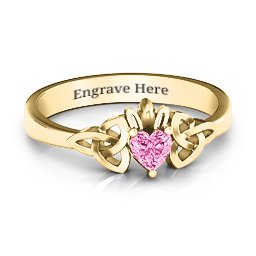 Trinity Knot Heart Crown Ring in 14K Solid Yellow Gold with Pink Tourmaline, Amethyst, and Cubic Zirconia