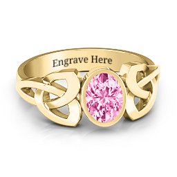 Trinity Knot Ring With Bezel-Set Oval Stone in 14K Solid Yellow Gold with Pink Tourmaline, Amethyst, and Cubic Zirconia