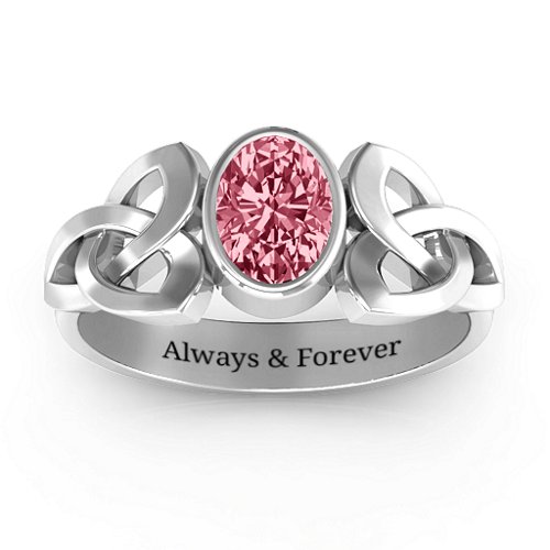 Trinity Knot Ring With Bezel-Set Oval Stone – Sterling Silver with Red Premium Zirconia