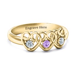 Three's Company Triple Heart Gemstone Ring in 14K Solid Yellow Gold with Cubic Zirconia and Amethyst