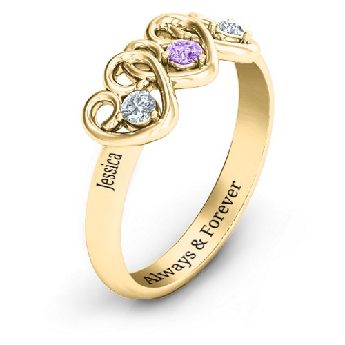 Three's Company Triple Heart Gemstone Ring – 14K Yellow Gold with Cubic Zirconia and Amethyst